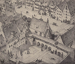 Rekonstruktion: Die Zeichnung zeigt den Alten Hof mit der Lorenzkapelle um 1570. (in: Das Bayerland. Illustrierte Wochenschrift für Bayerns Land und Volk, 25. Jg., Nummer 19, 7. Februar 1914)
