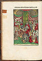 Ulrich Tengler überreicht den Laienspiegel an den Kaiser und die versammelten Kurfürsten; Tengler ist in dieser (erfundenen) Szene umgeben von seiner ganzen Familie. Holzschnitt von Hans Schäuffelin. (aus: Der neü Layenspiegel, 1512, Bayerische Staatsbibliothek, Rar. 2311)