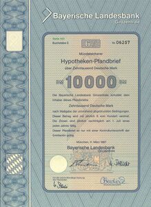 6 ½-prozentiger mündelsicherer Hypotheken-Pfandbrief über 10.000 DM, 1987. (Bayerisches Wirtschaftsarchiv, S39)