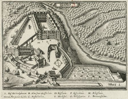 Schloss Wolfegg. Kufperstich von Matthäus Merian (1593-1650), 1643. (Gemeinfrei via Wikimedia Commons)