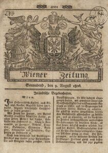 Publikation der Erklärung Franz II. vom 6. August 1806 in der Kaiserlich-königlich privilegirte[n] Wiener-Zeitung. Ausgabe Nr. 64 vom 9. August. (Österreichische Nationalbibliothek)