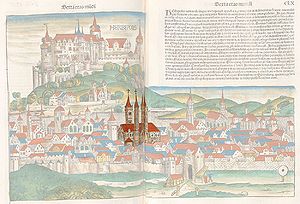 Darstellung des Würzburger Dom (hervorgehoben) in der Weltchronik des Hartmann Schedel. Abb. aus: Hartmann Schedel, Liber Chronicarum, Nürnberg 1493, fol. 159v. u. 160r. (Bayerische Staatsbibliothek, 2 Inc.c.a. 2919)