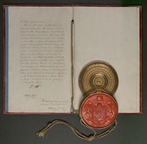 Urkunde Kaiser Franz II. vom 6. August 1806, in welcher er die Niederlegung der Kaiserkrone schriftlich bestätigt. (Haus-, Hof- und Staatsarchiv Wien FUK 2207)