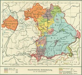 Geschichtliche Entwicklung Bayerns im 19. Jahrhundert. (aus: Freistaat Bayern, Gratisbeilage zu Diercke, Schulatlas für höhere Lehranstalten, Braunschweig 1920) (Bayerische Staatsbibliothek, Mapp. XI,20 b)