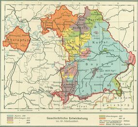 Geschichtliche Entwicklung Bayerns im 19. Jahrhundert. (aus: Freistaat Bayern, Gratisbeilage zu Diercke, Schulatlas für höhere Lehranstalten, Braunschweig 1920) (Bayerische Staatsbibliothek, Mapp. XI,20 b)
