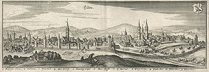 Vedute der Stadt Fulda von Osten, Kupferstich von M. Merian d. Ä., 1646 (Vonderau Museum Fulda II Ea 133)