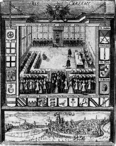 Audienz am Reichskammergericht, Kupferstich von Peter Fehr (1681 - 1740), um 1735. (Städtischen Sammlungen Wetzlar)