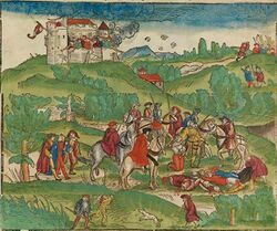 Entsatz der belagerten Festung Marienberg durch den Schwäbischen Bund am 8. Juni 1525. Zeitgenössischer, kolorierter Holzsschnitt aus dem sogenannten "Bamberger Burgenbuch". (Staatsbibliothek Bamberg, lizenziert durch CC BY-SA 4.0)