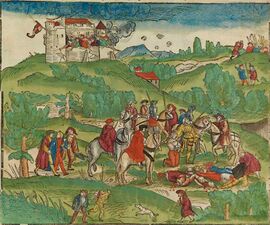 Entsatz der belagerten Festung Marienberg durch den Schwäbischen Bund am 8. Juni 1525. Zeitgenössischer, kolorierter Holzschnitt aus dem sogenannten "Bamberger Burgenbuch". (Staatsbibliothek Bamberg, lizenziert durch CC BY-SA 4.0)