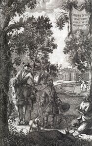 Wildernder Untertan bittet kniend um Gnade. Titelkupfer aus Ahasver Fritschs (1629-1701) Corpus Iuris Venatorio Forestalis, Leipzig 1702. (Bayerische Staatsbibliothek)