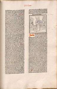 Darstellung des Hl. Benedikt in der deutschen Ausgabe der Legenda Aurea ("Der Heiligen Leben") von Sensenschmidt in Nürnberg 1475 mit Schraffur. (Bayerische Staatsbibliothek, Inc.c.a. 388, fol.375)