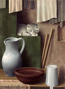 Georg Schrimpf (1889 - 1938), Stilleben mit Katze, 1923. Öl auf Leinwand, 60,7 × 45,5 cm. (Pinakothek der Moderne; Inventar-Nr.: 14099)