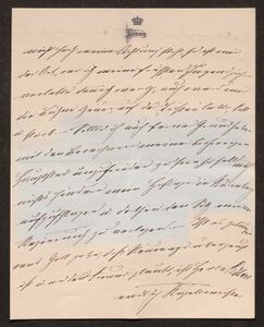 "Sollte ich auch ferner Grund haben mit den Bewohnern meiner bisherigen Hauptstadt unzufrieden zu sein, so soll mich nichts hindern mein Hoflager in Nürnberg aufzuschlagen und dorthin den Sitz meiner Regierung zu verlegen." Brief Ludwigs II. an Cosima Wagner aus Würzburg, 27. November 1866 (Auszug, Textstelle hervorgehoben). Die hier angestellten Überlegungen einer Hauptstadtverlegung kamen nicht zur Ausführung. (Geheimes Hausarchiv) (Geheimes Hausarchiv, Kabinettsakten König Ludwigs II. 138)