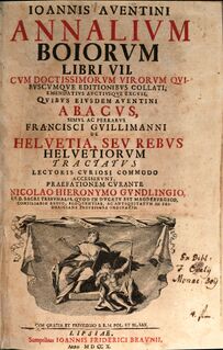 Titelblatt der von Nikolaus Hieronymus Grundling 1710 herausgebenen Annalium Boiorum. (Bayerische Staatsbibliothek, 2 Bavar. 68)