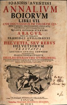 Titelblatt der von Nikolaus Hieronymus Grundling 1710 herausgebenen Annalium Boiorum. (Bayerische Staatsbibliothek, 2 Bavar. 68)