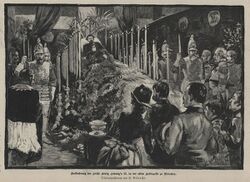 Aufbahrung König Ludwigs II. in der Hofkapelle der Residenz München, 1886 nach einer Zeichnung von Henry Albrecht (1857-1909). (Stadtarchiv München, DE-1992-GS-A-1050)
