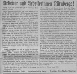Aufruf an die Arbeiterschaft in der Fränkischen Tagespost vom 29.1.1918. (Bayerische Staatsbibliothek, 2 Eph.pol. 12q-1918, 1-6)