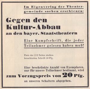 Die Theatergemeinde München protestierte intensiv gegen den Kulturabbau an den Bayerischen Staatstheatern. Abb. aus: Die Theatergemeinde München, März 1932. (Bayerische Staatsbibliothek, Bavar 4559 n-1932/33)