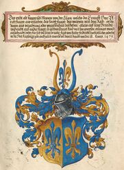 Wappen der "Fugger von der Lilie". Abb. aus: Das Ehrenbuch der Fugger, Handschrift 1545-1547, S. 11. (Bayerische Staatsbibliothek, Cgm 9460)