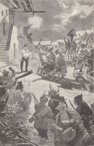 Illustration zur humoristischen Erzählung "Der Haberfeldtreiber von Miesbach" von Carl Tanera (1849-1904). Originalzeichnung von Richard Mahn (1866-1951). Abb. aus: Bibliothek der Unterhaltung und des Wissens 20 (1896), Titelbild zum 1. Band. (Bayerische Staatsbibliothek, Z 37.308- 1896,1)