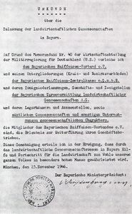 Wiederzulassung der Baywa durch Ministerpräsident Wilhelm Hoegner am 23. November 1946. (aus: Hohenegg, Raiffeisen in Bayern, 222)