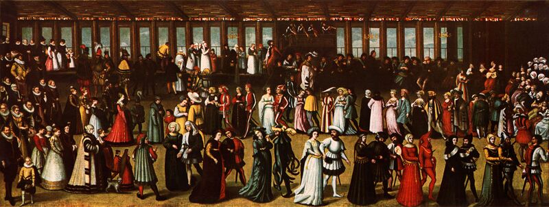 Abraham Schelhas, 1591: Geschlechtertanz in Augsburg. Abb aus: Das Land Bayern. Seine kulturelle und wirtschaftliche Bedeutung für das Reich, München 1927, S. 344. (Bayerische Staatsbibliothek, 2 Bavar. 1621)
