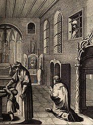 Kupferstich aus der Bavaria Sancta, auf dem die Verehrung der Heiligen Richildis (rechts oben, in Klause) dargestellt ist. Diese lebte im 11. Jh. als Reklusin zurückgezogen beim Benediktinerkloster in Hohenwart (Lkr. Pfaffenhofen an der Ilm). 1485 wurden die in Vergessenheit geratenen Gebeine in Hohenwart wiederentdeckt. Herzog und Bischof ordneten für den 2. Oktober 1485 die Elevatio an, Papst Innocennz VIII. (reg. 1484-1492) gewährte Ablässe, erlaubte an bestimmten Tagen die Heiltumsschau und die Verkündigung der Mirakel. Abb. aus: Matthäus Rader, Bavaria Sancta, Maximiliani Sereniss. Principis Imperii, Comitis Palatini Rheni, Vtrivsq. Bav. Dvcis Avspiciis, Bd. 2, München 1624, 225. (Staats- und Stadtbibliothek Augsburg, 2 Th L 63)