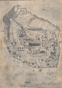 Das Augustiner-Chorherrenstift Herrenchiemsee wurde im 8. Jahrhundert gegründet. Das Kloster wurde 1802 aufgelöst und u. a. als Brauerei genutzt. Nach dem Kauf durch König Ludwig II. (reg. 1864-1886) 1873 diente das Kloster als Quartier für den König während der Bauarbeiten am Neuen Schloss. 1948 fand in den Räumen des Klosters der Verfassungskonvent für das Grundgesetz statt. Zeichnung des Klosters aus der Vogelperspektive in der Sammlung Franciscus Petrus (1639-1716), 17. Jahrhundert. (Bayerische Staatsbibliothek, Cod.icon. 207 m(56)
