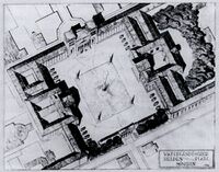 Entwurf von Otho Orlando Kurz zur Umgestaltung des Königsplatzes in einen "vaterländischen Heldenplatz" (1924). Kurz wollte die Sarkophage von 16 gefallenen "Helden" wie wie dem hingerichteten Aktivisten gegen die französische Ruhrbesetzung Albert Leo Schlageter (1894-1923) auf dem Platz aufstellen. (Bayerische Staatsbibliothek)