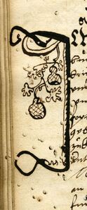 Initiale "I" mit der bislang ältesten bekannten Abbildung eines Bocksbeutels in einem Kopiar des Bürgerspitals von 1551 oder unmittelbar später. (StadtAW BSP/8, fol. 75v, Foto: Ingrid Rack)