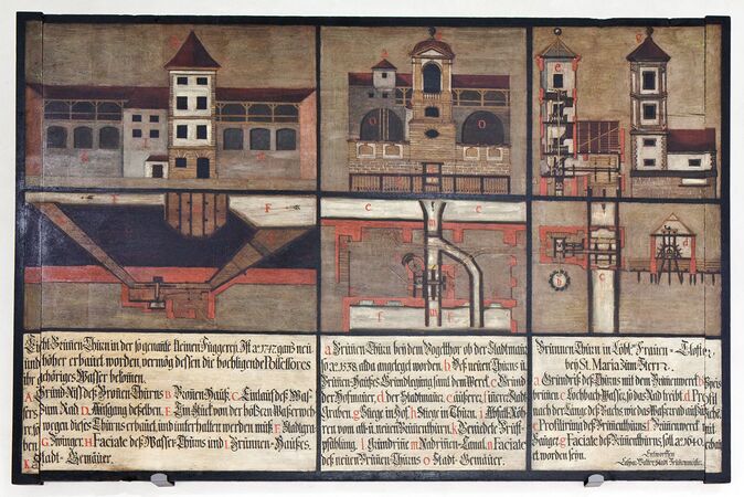 Instruktionsgemälde des Stadtbrunnenmeisters Caspar Walter von 1753. Es zeigt drei heute nicht mehr existierende Wasserwerke. Das Gemälde befindet sich heute im Kleinen Wasserturm des Oberen Wasserwerkes. (Foto: Thomas Baumgartner)