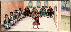 Beitritt der Städte Karlstadt und Ochsenfurt zum Bündnis mit dem Würzburger Domkapitel 1432. Darstellung in der Chronik der Bischöfe von Würzburg des Lorenz Fries (1489/91–1550). (Universitätsbibliothek Würzburg, M.ch.f.760, fol. 364v)