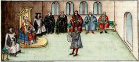 Rundvertrag zur künftigen Regierung des Hochstifts Würzburg 1435. Darstellung in der Chronik der Bischöfe von Würzburg des Lorenz Fries (1489/91–1550). (Universitätsbibliothek Würzburg, M.ch.f.760, fol. 377r)