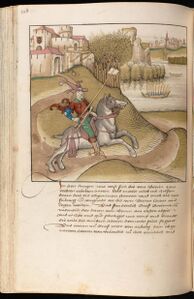 Graf Gerhard von Aarberg-Valangin sendet Bern den Fehdebrief, 1339. Hintergrund war die Auseinandersetzung zwischen der Stadt Bern und den Habsburgern. Gerhard selbst stand auf Seiten der Habsburger. (Spiezer Chronik des Diebold Schilling, Bern, Burgerbibliothek)