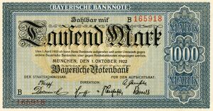 Banknote der Bayerischen Notenbank über 1000 Mark, 1922. (Bayerisches Wirtschaftsarchiv, F118, 1194)
