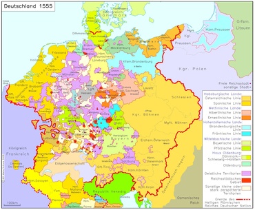 Politische Karte des Heiligen Römischen Reichs und seiner Territorien, Mitte des 16. Jahrhunderts. (Erstellt durch Andreas Kunz, Joachim Robert Moeschl, lizenziert durch CC BY-NC 4.0 via IEG-MAPS)