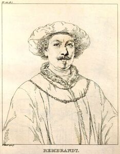 Zeichnung eines Selbstporträts von Rembrandt Harmenszoon van Rijn (1606-1669), um 1642. Die Abbildung stammt aus dem Katalog der Leuchtenberg-Galerie von Johann Nepomuk Muxel (1790–1870). (Bayerische Staatsbibliothek, BA/4 81.11865)