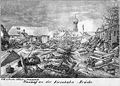 Immenstadt im Allgäu: Am 28. Juli 1873 zerstörte ein Hochwasser in Immenstadt zahlreiche Häuser und richtete auch auf Flur und Feld große Schäden an. Das Bild zeigt das angestaute Wasser an der Eisenbahnbrücke. Im Hintergrund die St. Nikolaus-Kirche. (Bayerische Staatsbibliothek, Porträt- und Ansichtensammlung, port-028391)