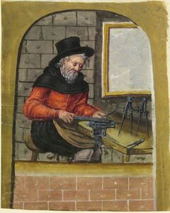 Der Zirkelschmied Jörg Wuest (gest. 1608), Bruder im Landauerschen Zwölfbrüderhaus. (Stadtbibliothek Nürnberg, Amb. 279.2°, f. 66v)