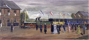 Eröffnungsfeier des Grenzbahnhofs Bexbach nahe der Grenze zum preußischen Saarland. Der Bahnhof war Teil der zwischen 1847 und 1849 errichteten pfälzischen Ludwigsbahn nach Bexbach. Von 1850 bis 1852 folgte die Verlängerung der Strecke über Neunkirchen nach Saarbürcken. (Heimatkundeverein Bexbach)