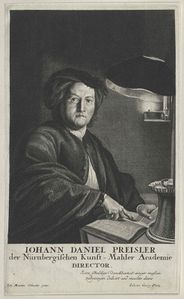 Johann Daniel Preißler (1666-1737) war von 1704 bis 1737 Direktor der Akademie der Bildenden Künste in Nürnberg. Kupferstich von Johann Georg Pinz (1697-1772) nach einem Gemälde von Johann Martin Schuster (1667-1738). (Österreichische Nationalbibliothek PORT_00013312_01)