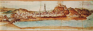 Die Burg Trausnitz auf der ältesten überlieferten Stadtansicht Landshuts aus dem Jahre 1540. Das Aquarell entstammt einem Akt des Reichskammergerichts in Speyer. Es wurde für einen Prozess angefertigt, bei dem es wohl um Markungsgrenzen in der Umgebung Landshuts ging. (Bayerisches Hauptstaatsarchiv, Plansammlung 10238)