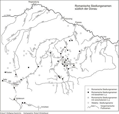 Romanische Siedlungsnamen südlich der Donau. (Karte 2. Entwurf: Wolfgang Haubrichs. Kartographie: Robert Winkelbauer)