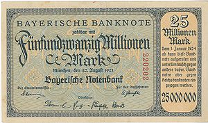 25-Millionen-Mark-Schein der Bayerischen Notenbank (München), August 1923. (HVB Stiftung Geldscheinsammlung)