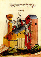 Einsteigen in eine Burg und Abwehr durch Steinwürfe. (BSB Clm 30150, fol. 22')