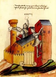 Einsteigen in eine Burg und Abwehr durch Steinwürfe. (BSB Clm 30150, fol. 22')
