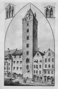 Der Goldene Turm in Regensburg, Photogravure. (Abb. aus: Carl Theodor Pohlig, Hauskapellen und Geschlechterhäuser in Regensburg, Regensburg 1890, Vorsatzblatt)