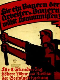 Plakat der KPD für die bayerischen Gemeindewahlen am 7. Dezember 1924; ein Arbeiter (mit Hammer) und ein Bauer (mit Sichel) halten gemeinsam eine rote Fahne hoch. (Bayerisches Hauptstaatsarchiv, Plakatsammlung)