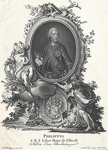 Philipp Andreas Freiherr (ab 1762 Reichsgraf) von Ellrodt (1707-1767) war leitender Minister unter Markgraf Friedrich (reg. 1735-1763). Aus seinem Erbe mütterlicherseits stammte das Gut Neudrossenfeld, das er repräsentativ ausbauen ließ. Kupferstich von 1767. (Österreichische Nationalbibliothek PORT_00124925_01)