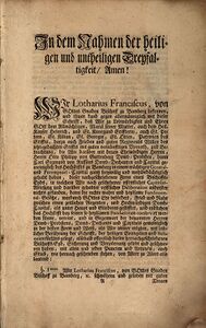 Gedruckte Wahlkapitulation Lothar Franz von Schönborns (reg. 1693-1729) als Bischof von Bamberg 1693. Abb aus: Wir Lotharius Franciscus, von Gottes Gnaden Bischoff zu Bamberg bekennen, (…), [o.O.] [ca 1693]. Besitzstempel retuschiert. (Bayerische Staatsbibliothek, 2 Bavar. 1607 o)